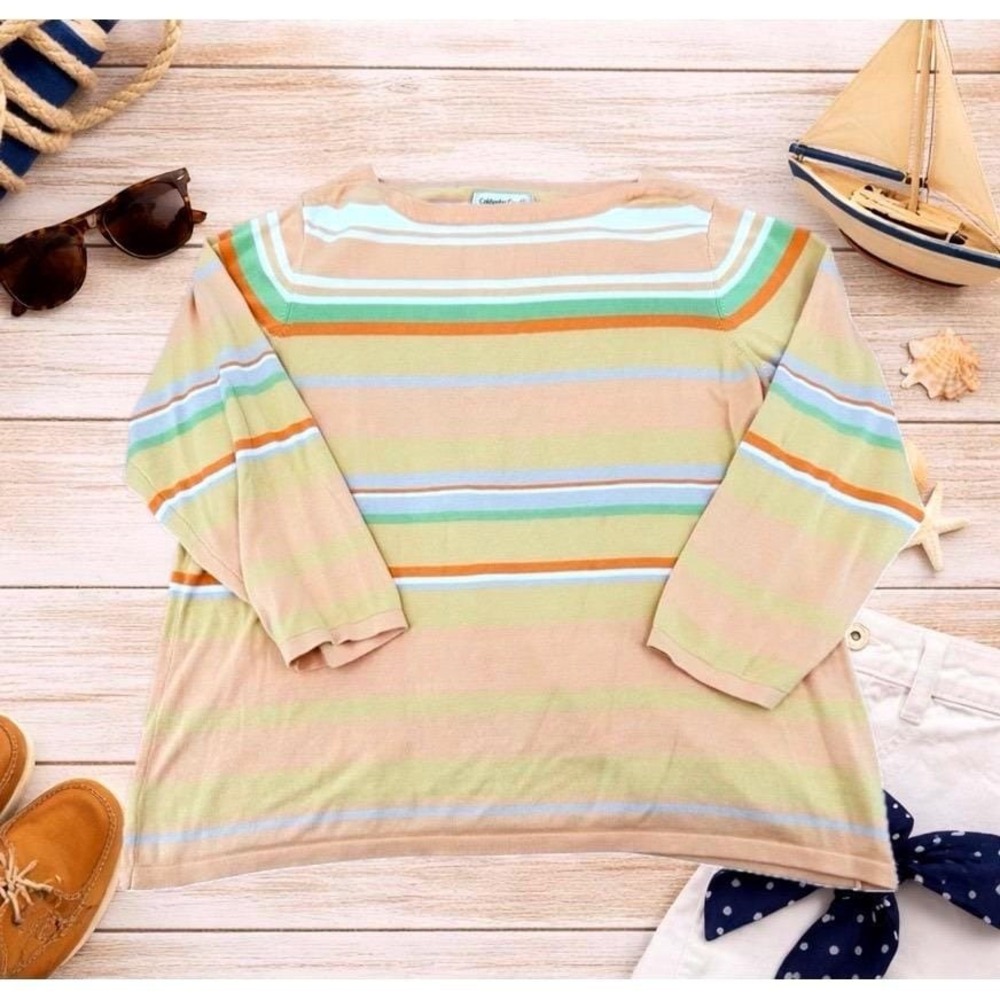 Y2K Coastal Grandma Striped Silk Tee 1X Peach Soft 3/4 Sleeve Preppy Summer Top